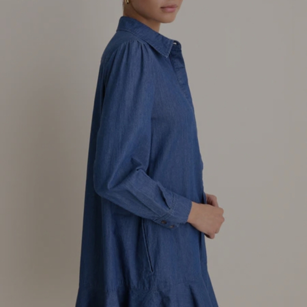 Tuckernuck Chambray Blue Shirt Dress with Ruffle Hem - Picture 9 of 12